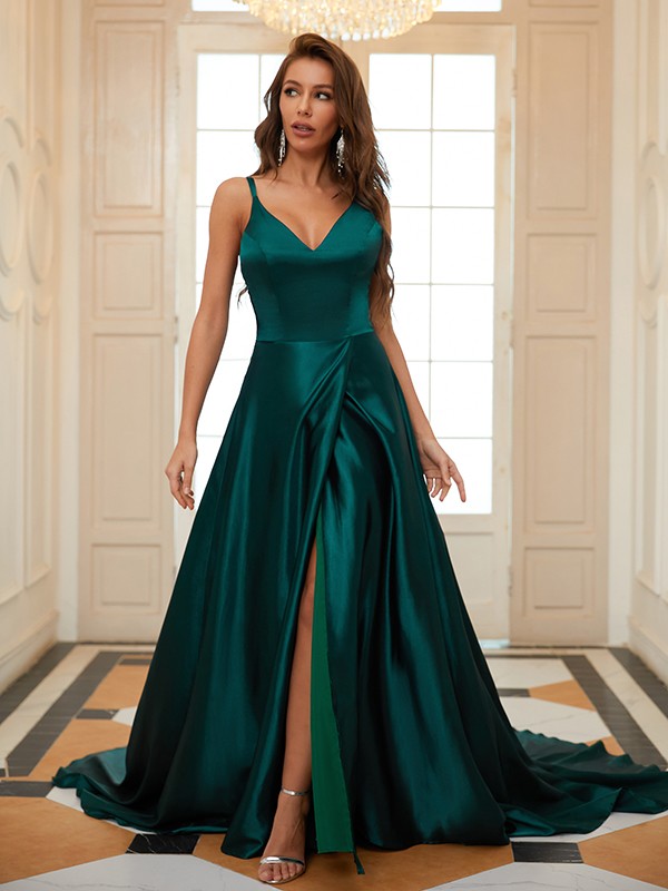 A-Line/Princess Elastic Woven Satin Ruffles V-neck Sleeveless Court Train Dresses 4223