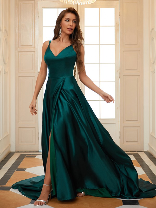 A-Line/Princess Elastic Woven Satin Ruffles V-neck Sleeveless Court Train Dresses 4223