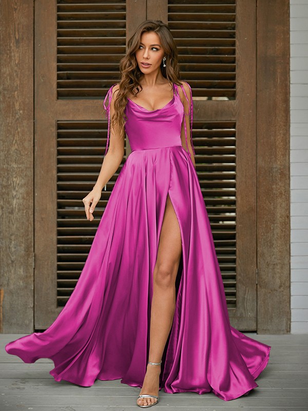 A-Line/Princess Silk like Satin Ruffles Spaghetti Straps Sleeveless Sweep/Brush Train Dresses 4460