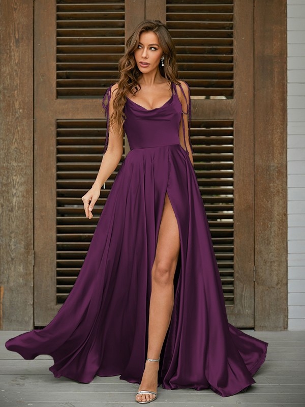 A-Line/Princess Silk like Satin Ruffles Spaghetti Straps Sleeveless Sweep/Brush Train Dresses 4460