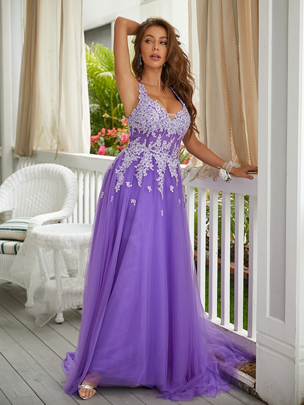 A-Line/Princess Tulle Applique V-neck Sleeveless Sweep/Brush Train Dresses 5253