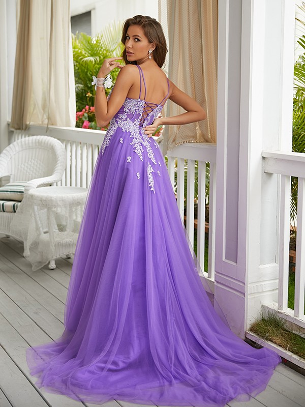 A-Line/Princess Tulle Applique V-neck Sleeveless Sweep/Brush Train Dresses 5253