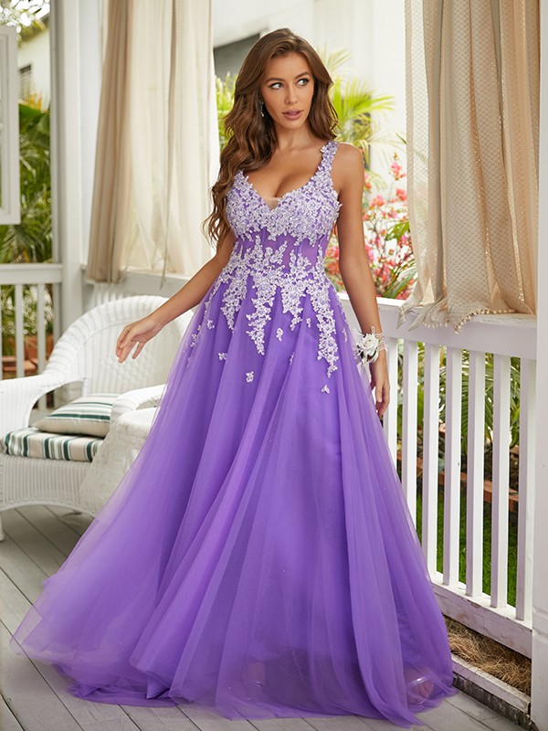 A-Line/Princess Tulle Applique V-neck Sleeveless Sweep/Brush Train Dresses 5253