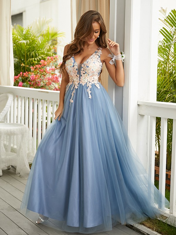 A-Line/Princess Tulle Applique V-neck Sleeveless Floor-Length Dresses 5216