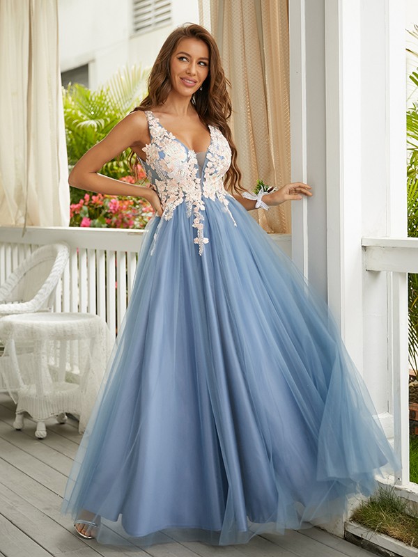 A-Line/Princess Tulle Applique V-neck Sleeveless Floor-Length Dresses 5216