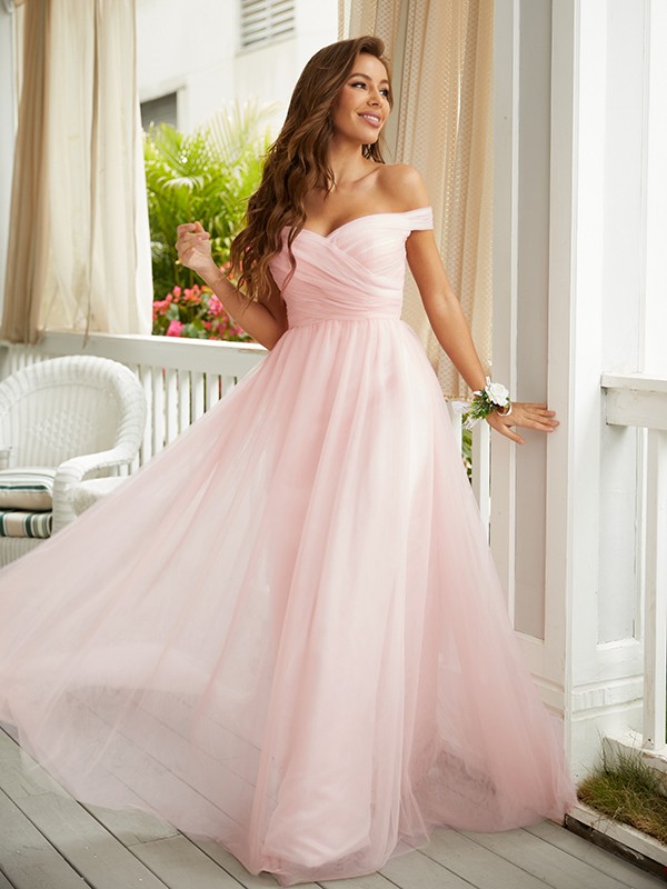 A-Line/Princess Tulle Ruched Off-the-Shoulder Sleeveless Floor-Length Dresses 5347