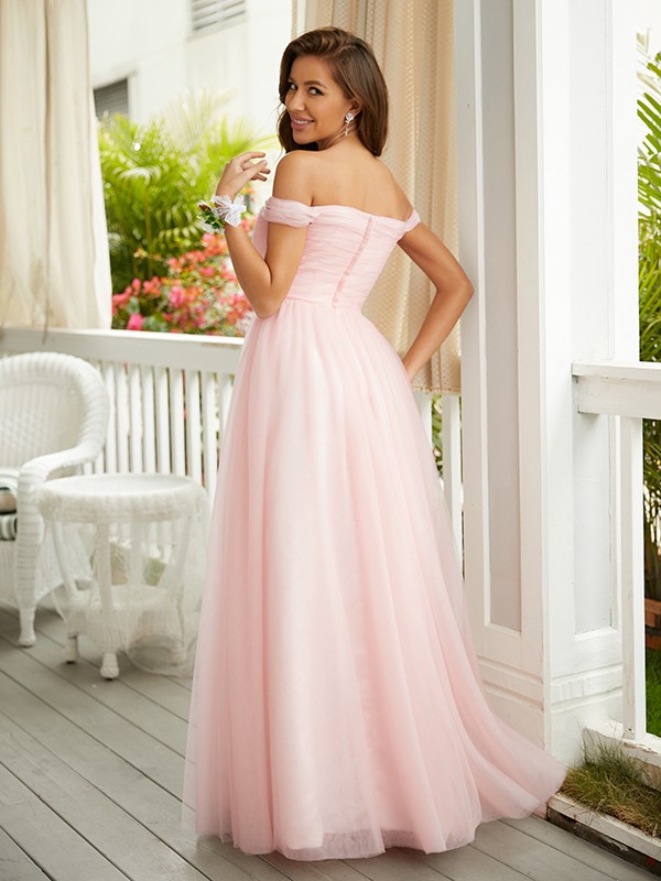 A-Line/Princess Tulle Ruched Off-the-Shoulder Sleeveless Floor-Length Dresses 5347