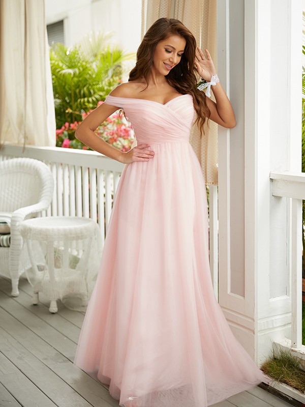 A-Line/Princess Tulle Ruched Off-the-Shoulder Sleeveless Floor-Length Dresses 5347