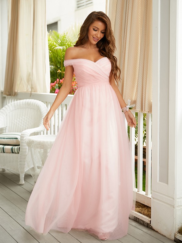 A-Line/Princess Tulle Ruched Off-the-Shoulder Sleeveless Floor-Length Dresses 5347