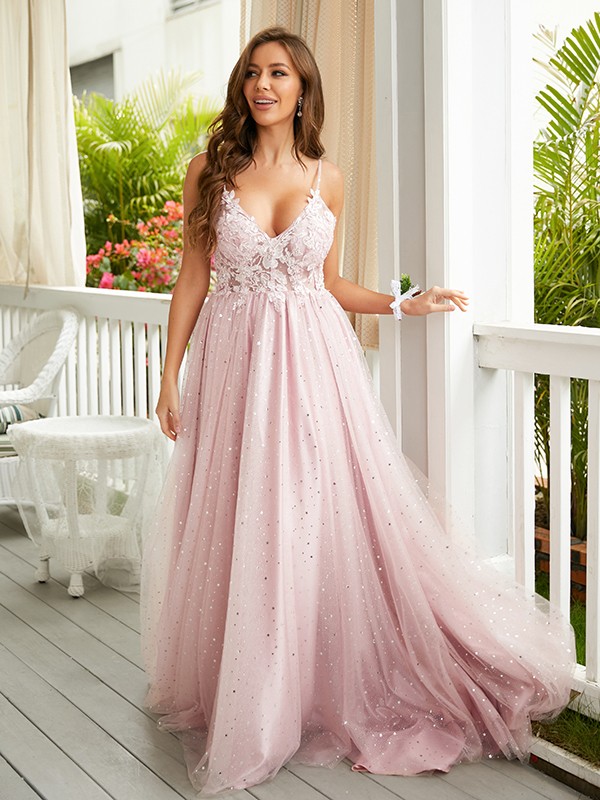 A-Line/Princess Applique V-neck Sleeveless Sweep/Brush Train Dresses 3351