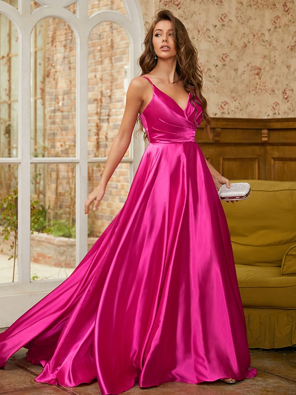 A-Line/Princess Elastic Woven Satin Ruched V-neck Sleeveless Sweep/Brush Train Dresses 4141