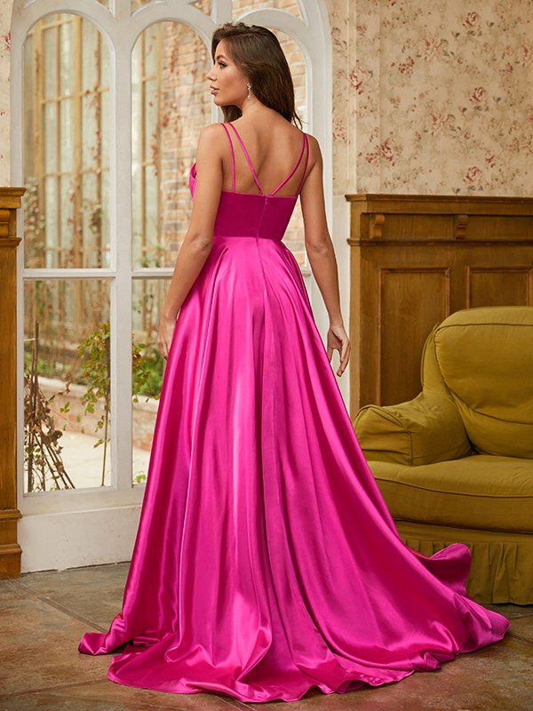 A-Line/Princess Elastic Woven Satin Ruched V-neck Sleeveless Sweep/Brush Train Dresses 4141