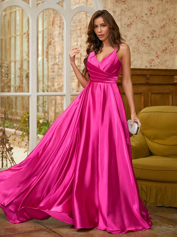 A-Line/Princess Elastic Woven Satin Ruched V-neck Sleeveless Sweep/Brush Train Dresses 4141