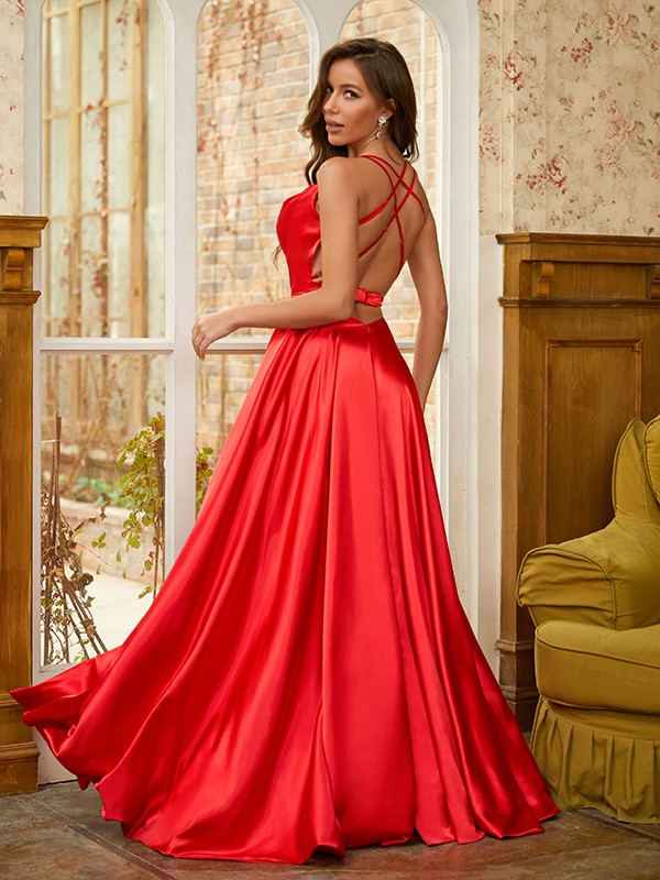 A-Line/Princess Satin Ruffles Spaghetti Straps Sleeveless Sweep/Brush Train Dresses 4189