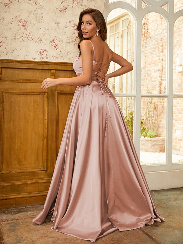 A-Line/Princess Silk like Satin Ruffles Spaghetti Straps Sleeveless Sweep/Brush Train Dresses 4462