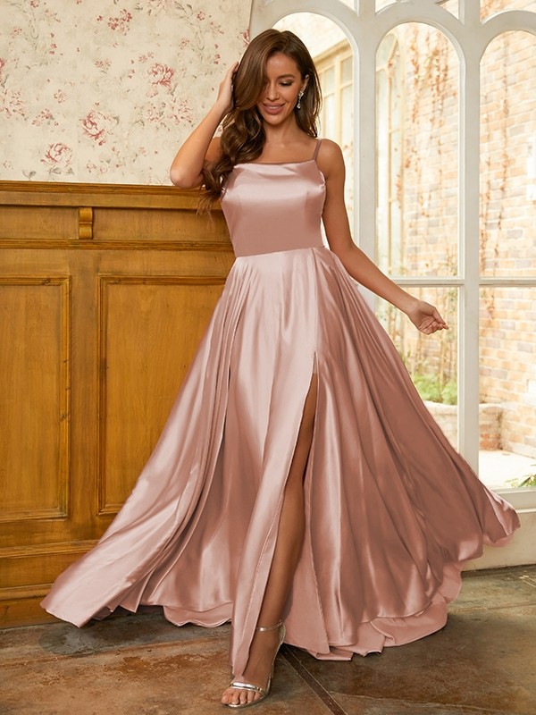 A-Line/Princess Silk like Satin Ruffles Spaghetti Straps Sleeveless Sweep/Brush Train Dresses 4462