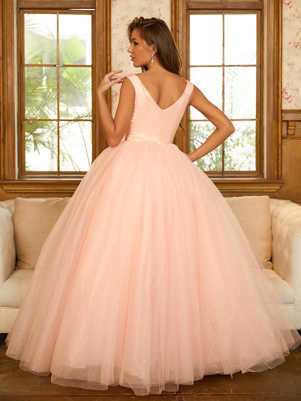 Ball Gown Tulle Ruffles V-neck Sleeveless Floor-Length Dresses 5799