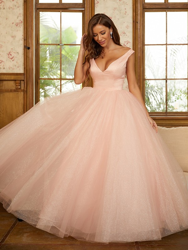 Ball Gown Tulle Ruffles V-neck Sleeveless Floor-Length Dresses 5799