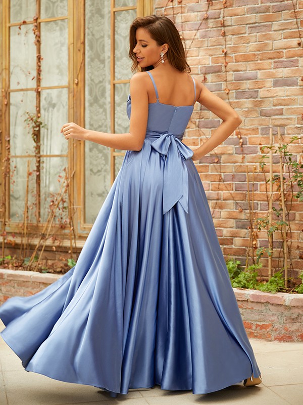 A-Line/Princess Satin Ruffles V-neck Sleeveless Floor-Length Dresses 4225