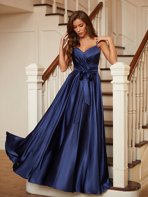 A-Line/Princess Silk like Satin Ruffles V-neck Sleeveless Floor-Length Dresses 4226