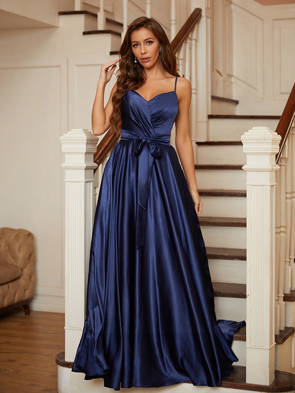 A-Line/Princess Silk like Satin Ruffles V-neck Sleeveless Floor-Length Dresses 4226