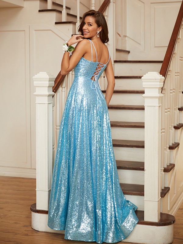 A-Line/Princess Sequins Ruffles Spaghetti Straps Sleeveless Sweep/Brush Train Dresses 4385