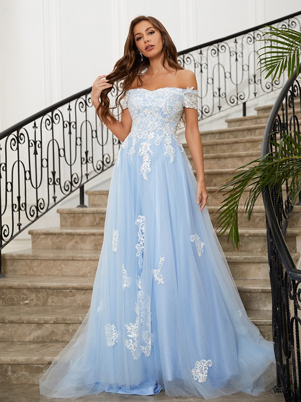 A-Line/Princess Tulle Applique Off-the-Shoulder Sleeveless Sweep/Brush Train Dresses 5153