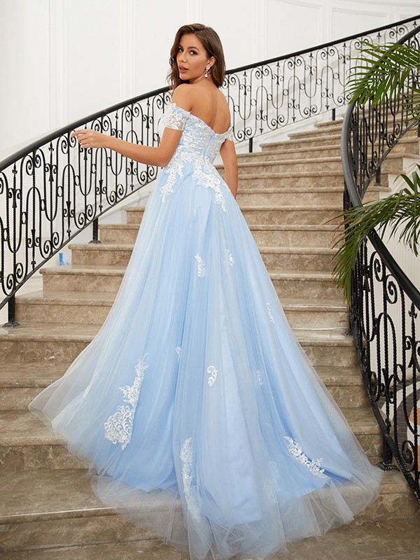 A-Line/Princess Tulle Applique Off-the-Shoulder Sleeveless Sweep/Brush Train Dresses 5153