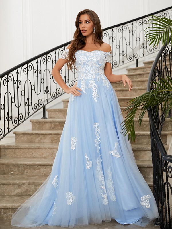 A-Line/Princess Tulle Applique Off-the-Shoulder Sleeveless Sweep/Brush Train Dresses 5153