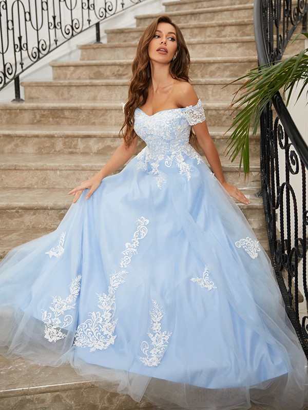 A-Line/Princess Tulle Applique Off-the-Shoulder Sleeveless Sweep/Brush Train Dresses 5153