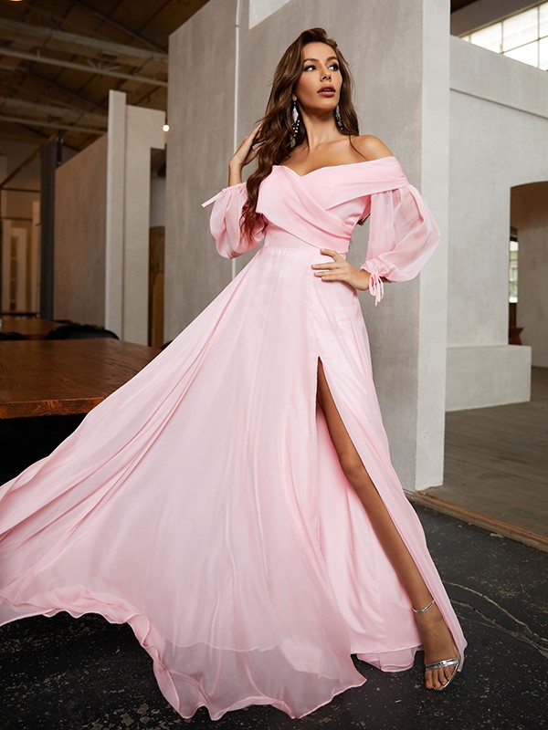 A-Line/Princess 30D Chiffon Ruffles Off-the-Shoulder Long Sleeves Floor-Length Dresses 3331