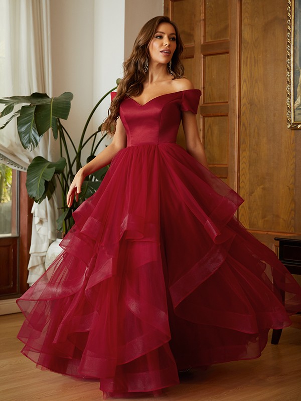 A-Line/Princess Tulle Ruffles Off-the-Shoulder Sleeveless Floor-Length Dresses 3950