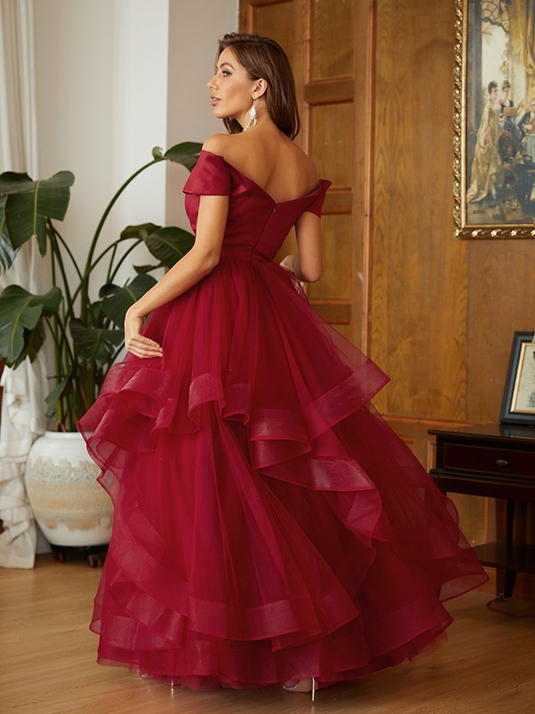 A-Line/Princess Tulle Ruffles Off-the-Shoulder Sleeveless Floor-Length Dresses 3950