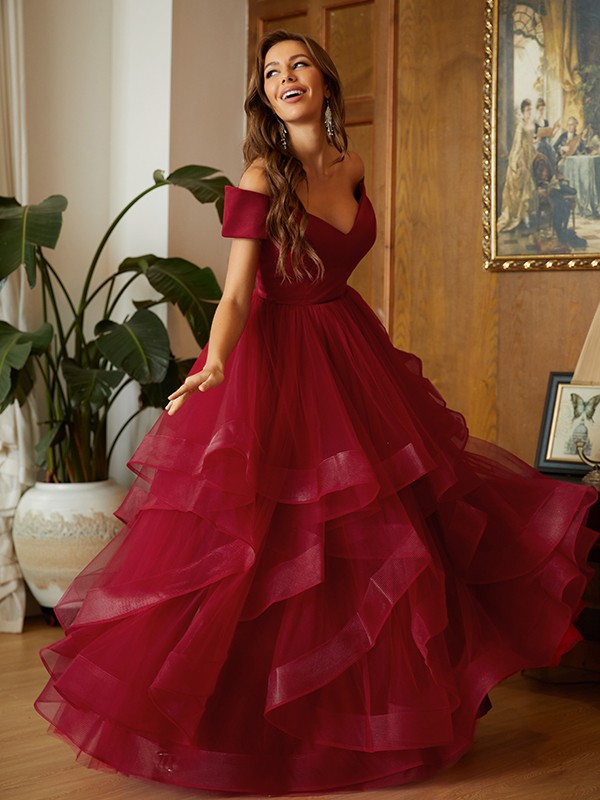 A-Line/Princess Tulle Ruffles Off-the-Shoulder Sleeveless Floor-Length Dresses 3950