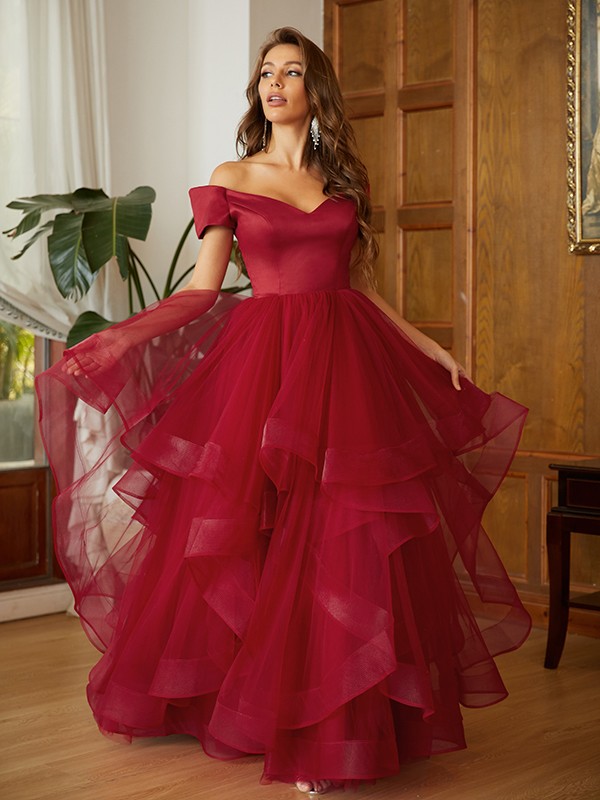 A-Line/Princess Tulle Ruffles Off-the-Shoulder Sleeveless Floor-Length Dresses 3950