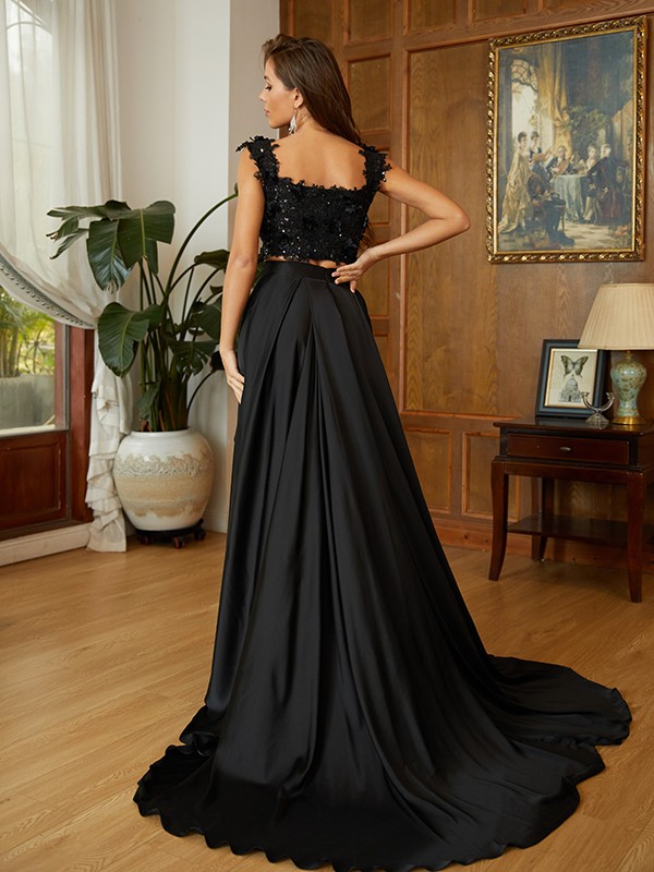 A-Line/Princess Elastic Woven Satin Applique Off-the-Shoulder Sleeveless Sweep/Brush Train Two Piece Dresses 4055