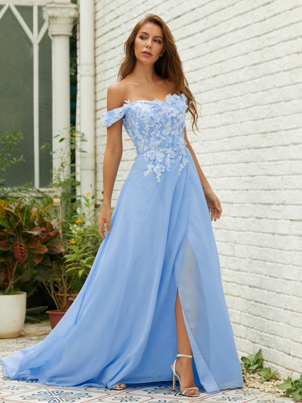 A-Line/Princess Chiffon Applique Off-the-Shoulder Sleeveless Sweep/Brush Train Dresses 3440