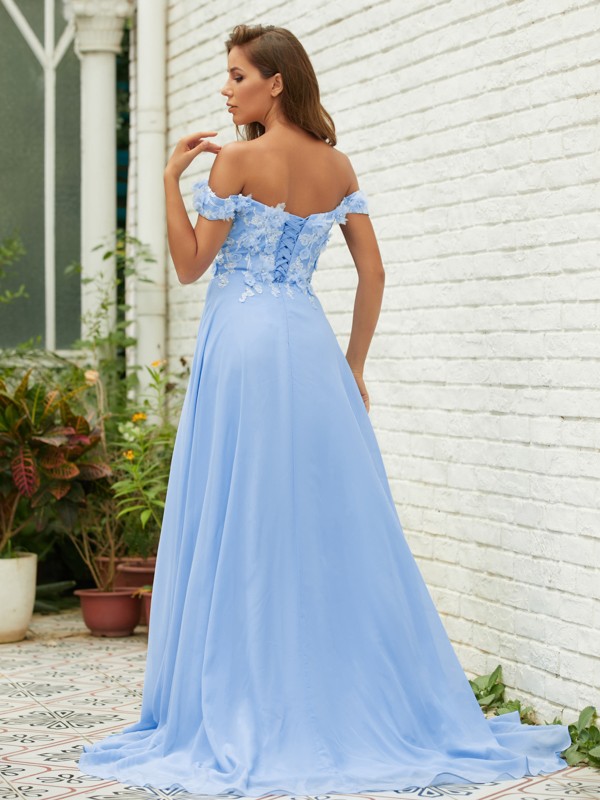 A-Line/Princess Chiffon Applique Off-the-Shoulder Sleeveless Sweep/Brush Train Dresses 3440