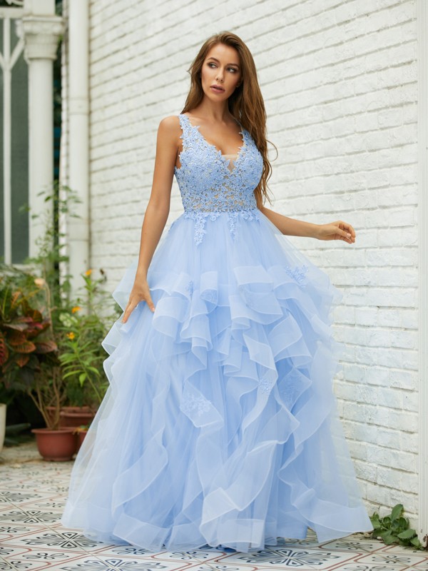 A-Line/Princess Tulle Lace V-neck Sleeveless Floor-Length Dresses 5325