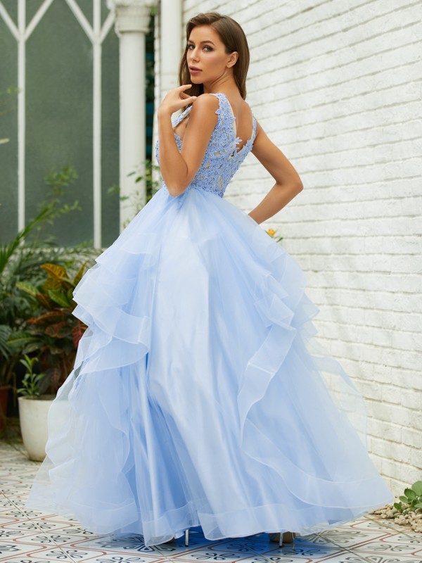 A-Line/Princess Tulle Lace V-neck Sleeveless Floor-Length Dresses 5325