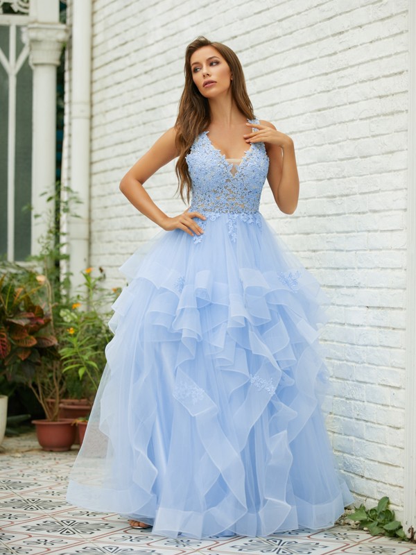 A-Line/Princess Tulle Lace V-neck Sleeveless Floor-Length Dresses 5325