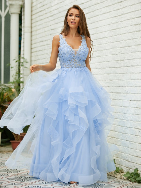 A-Line/Princess Tulle Lace V-neck Sleeveless Floor-Length Dresses 5325