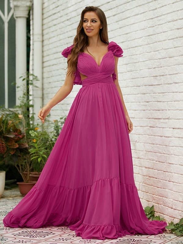 A-Line/Princess Chiffon Ruffles V-neck Sleeveless Sweep/Brush Train Dresses 3497