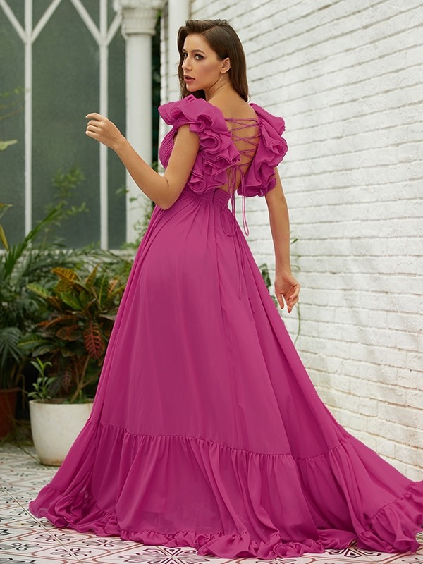 A-Line/Princess Chiffon Ruffles V-neck Sleeveless Sweep/Brush Train Dresses 3497