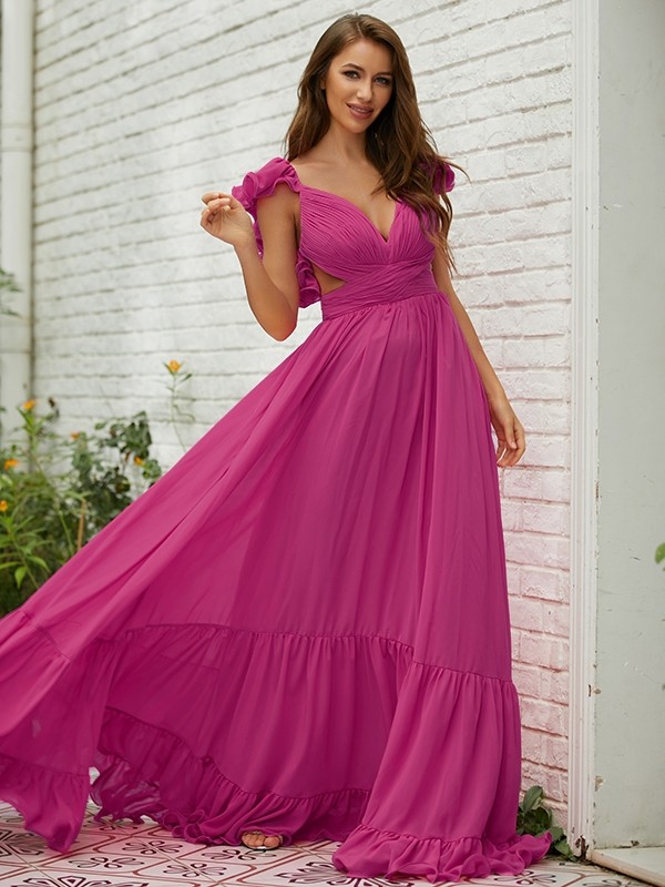 A-Line/Princess Chiffon Ruffles V-neck Sleeveless Sweep/Brush Train Dresses 3497