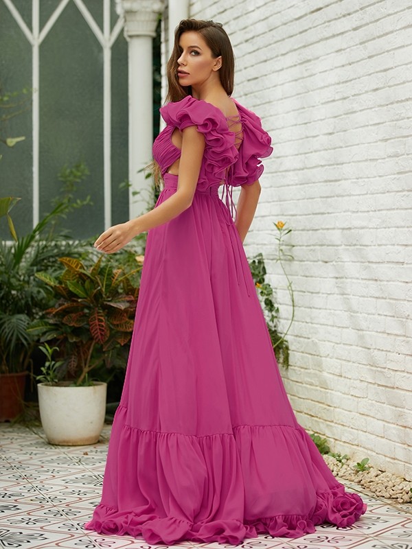 A-Line/Princess Chiffon Ruffles V-neck Sleeveless Sweep/Brush Train Dresses 3497