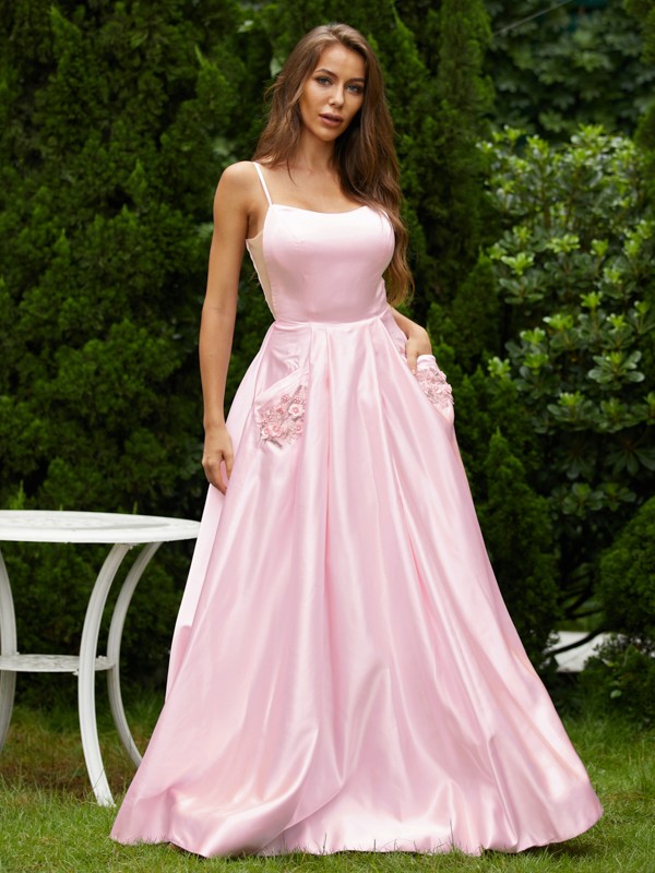 A-Line/Princess Satin Applique Spaghetti Straps Sleeveless Floor-Length Dresses 4060