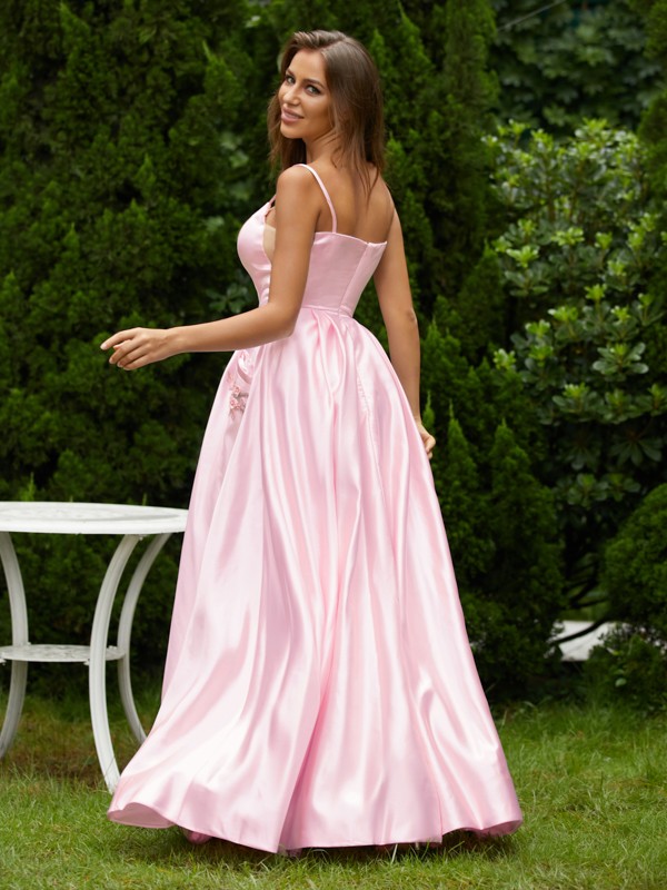 A-Line/Princess Satin Applique Spaghetti Straps Sleeveless Floor-Length Dresses 4060