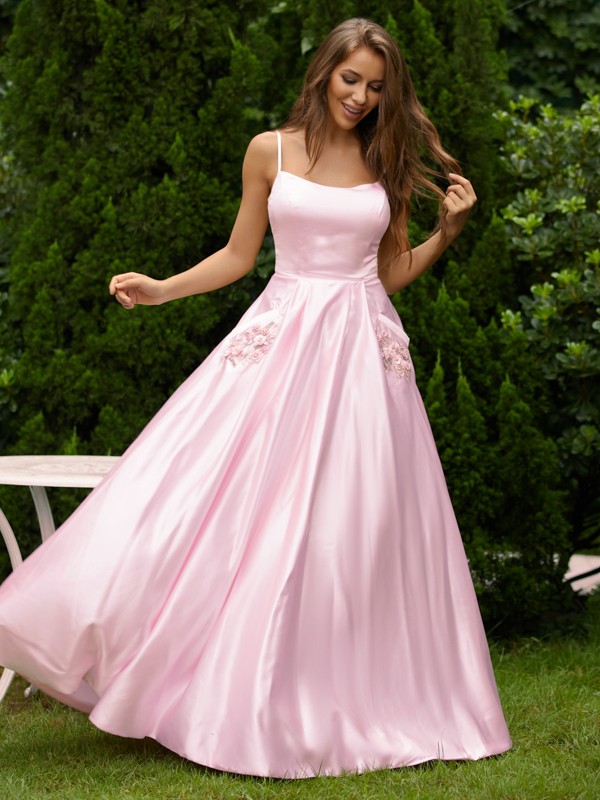 A-Line/Princess Satin Applique Spaghetti Straps Sleeveless Floor-Length Dresses 4060