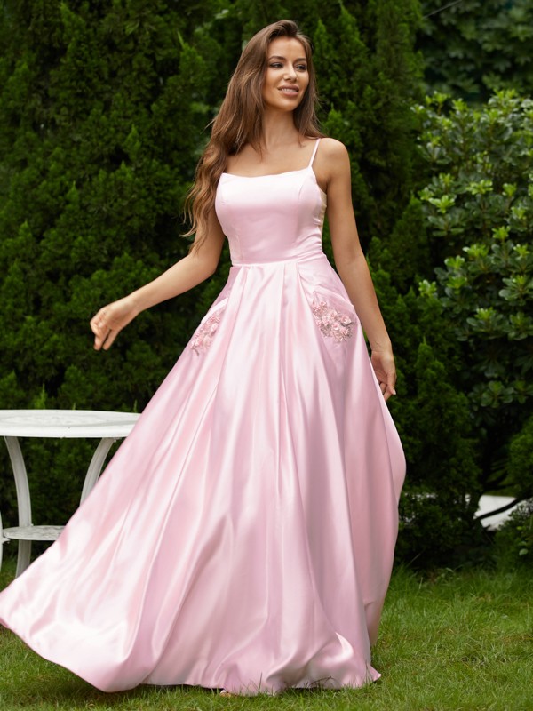 A-Line/Princess Satin Applique Spaghetti Straps Sleeveless Floor-Length Dresses 4060